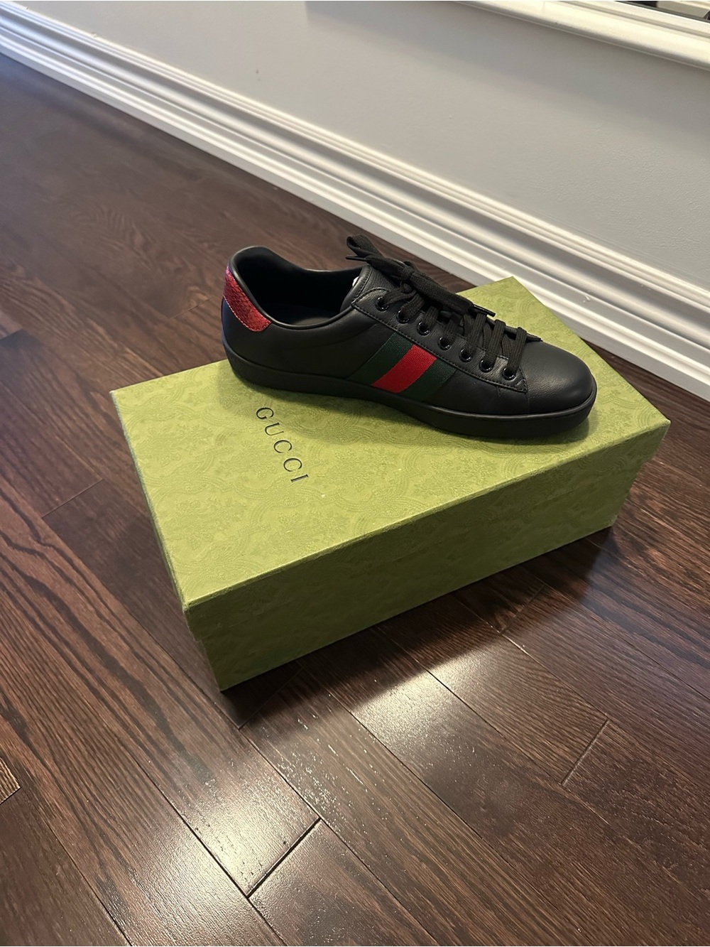 Gucci Black Leather Low-Top Sneaker with Red & Green Web (Want them gone!)